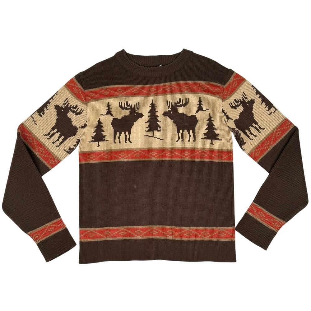 Vintage Lord & Taylor Moose Fair Isle Brown Tan Cozy Winter Sweater